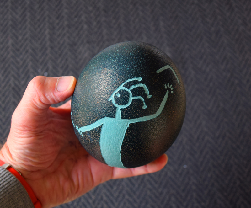 EMU EGG CARVED, MAN HUNTING KANGAROO