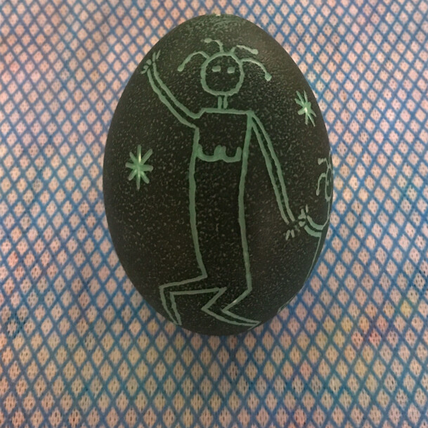 EMU EGG CARVED, WOMAN & CHILD DANCING UNDER STARS