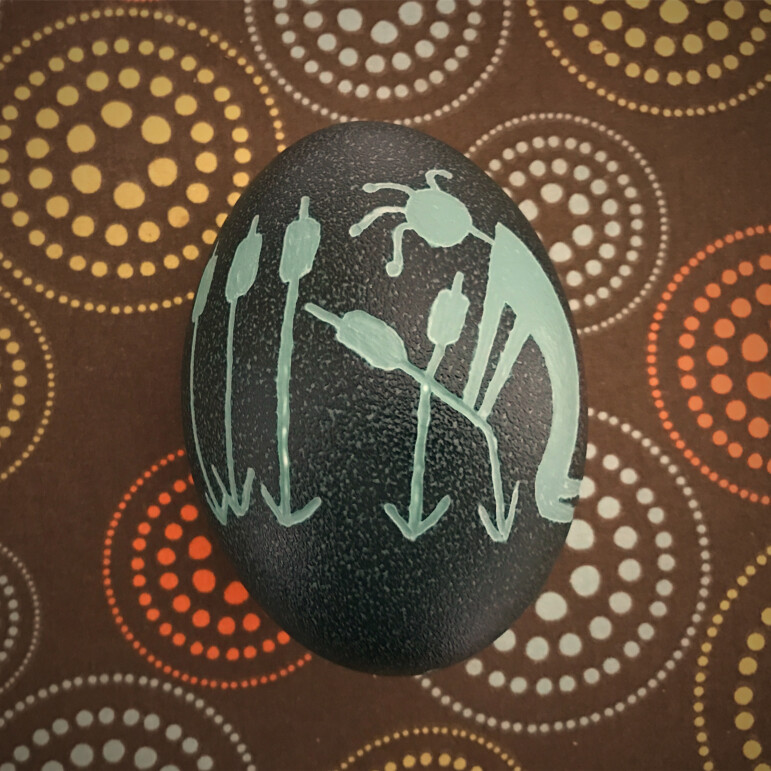 EMU EGG, CARVED, MAN COLLECTING CUMBUNGI